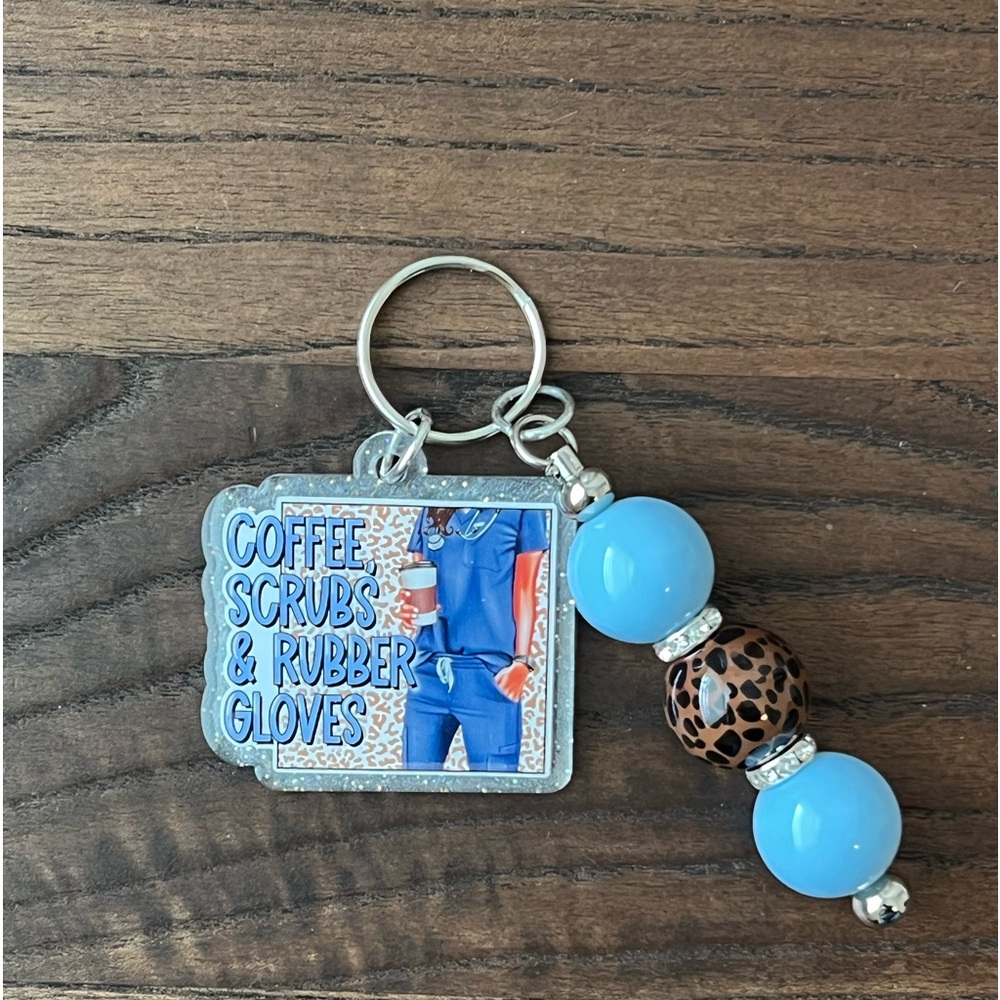 Keychain - Nurse “Coffee, Scrubs & Rubber Gloves” - Beads - NWT - Handmade